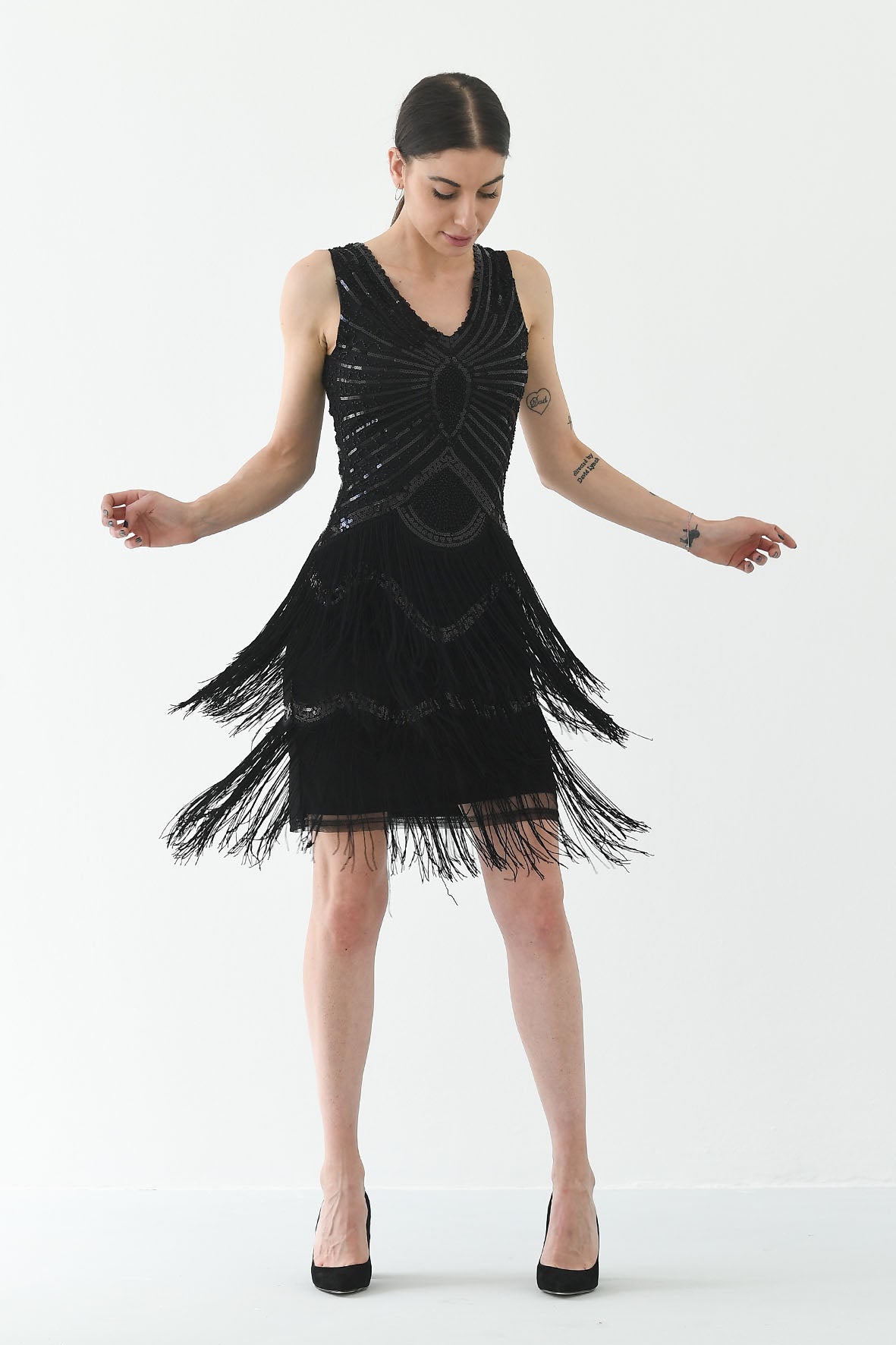 Flapper Vestito Nero Con Frange Frange Nero Vestito Carnevale