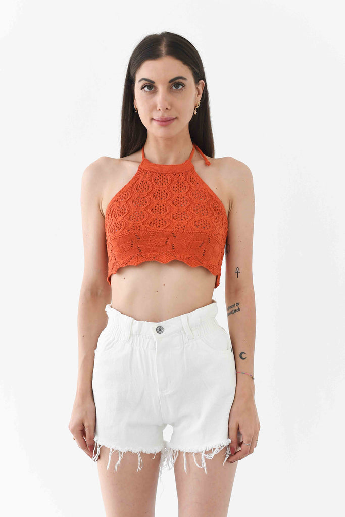 Crop top knitted cn allacciatura color aragosta - Tabloit.it