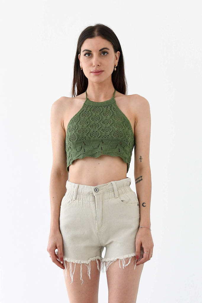 Crop top knitted con allacciatura verde militare - Tabloit.it