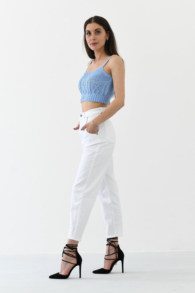 Pantalone a vita alta modello momfit bianco. Tabloit.it