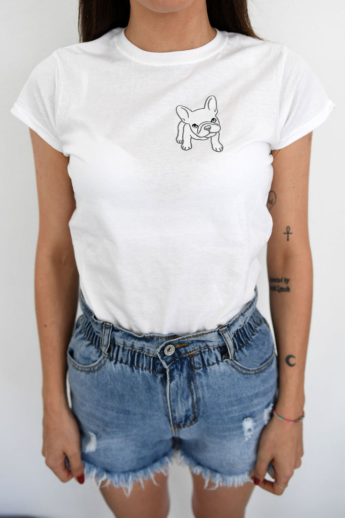 t-shirt bianca con ricamo french bulldog - Tabloit.it